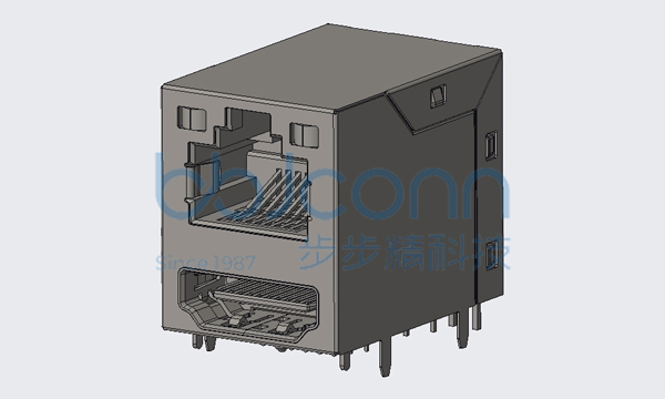 （上RJ45+下HDMI 19P） 雙層 90度 L=27.50 H=22.50 帶燈（左黃右綠） 無彈 不帶濾波 銅殼 全包 DIP